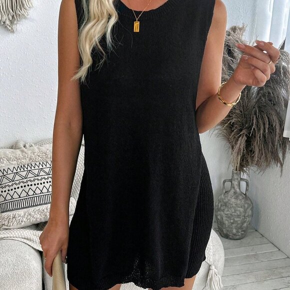 Black Casual Women's Loose Sleeveless Knit Tank Top And Knit Shorts Set - Picture 6 of 7